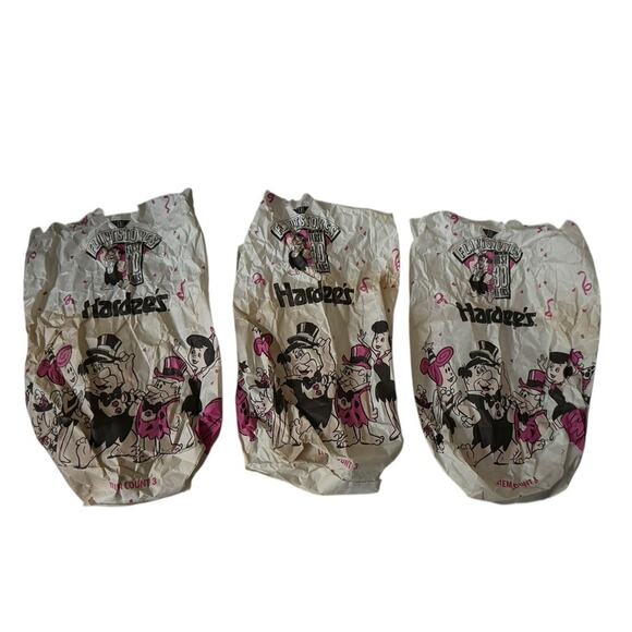 VTG 1991 The Flintstones Hardees Glasses + 3 Original Bags 30 Years Complete Set - Picture 4 of 5